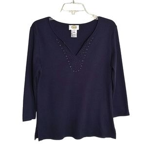 Talbots 100% Cotton 3/4 Sleeve navy blue Embroidered popover knit top sz: S
